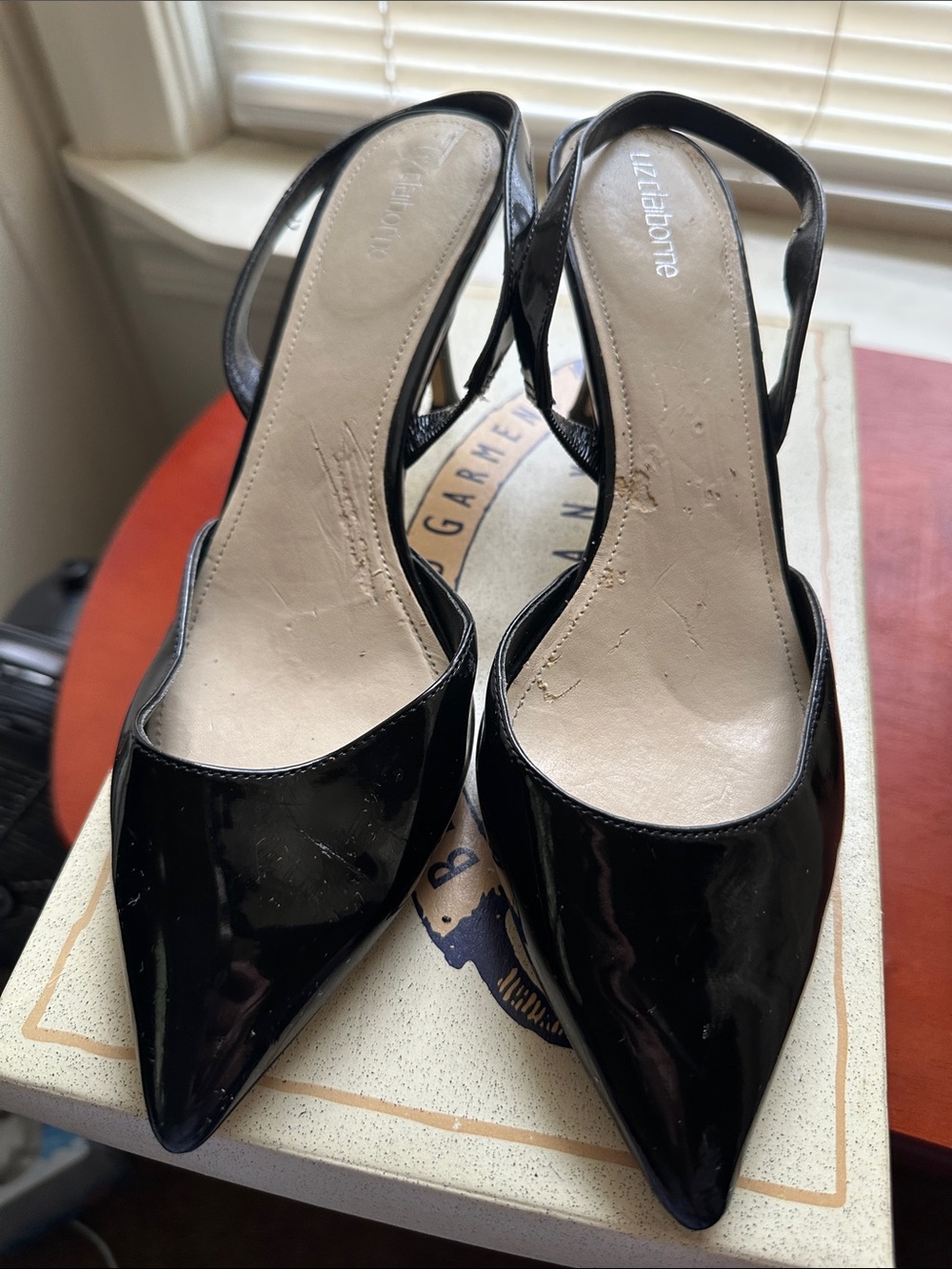 Liz Claiborne Black Patent Pointed Slingback Heels